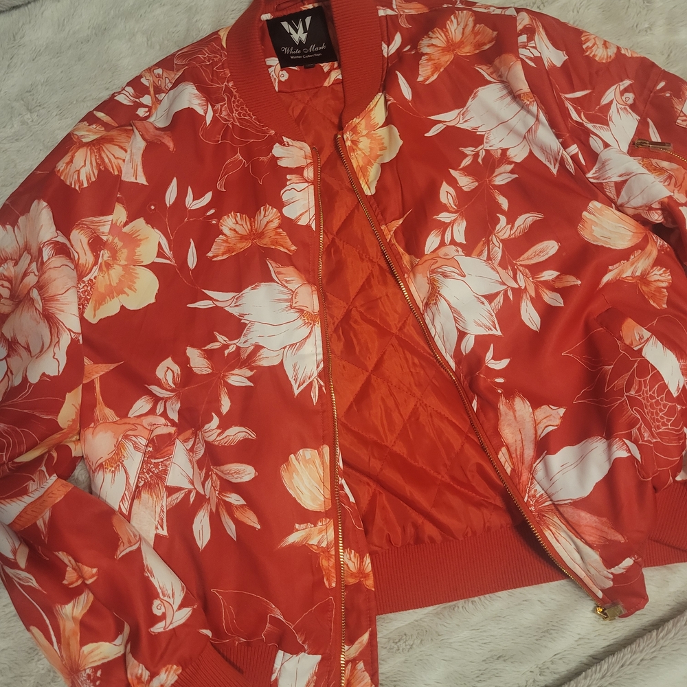 White Mark Red Floral Bomber Jacket